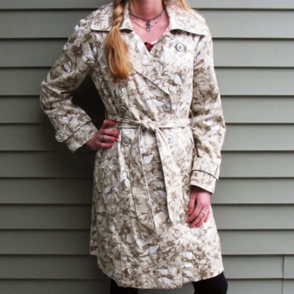 Beige Floral Pea Trench Knee Length Coat